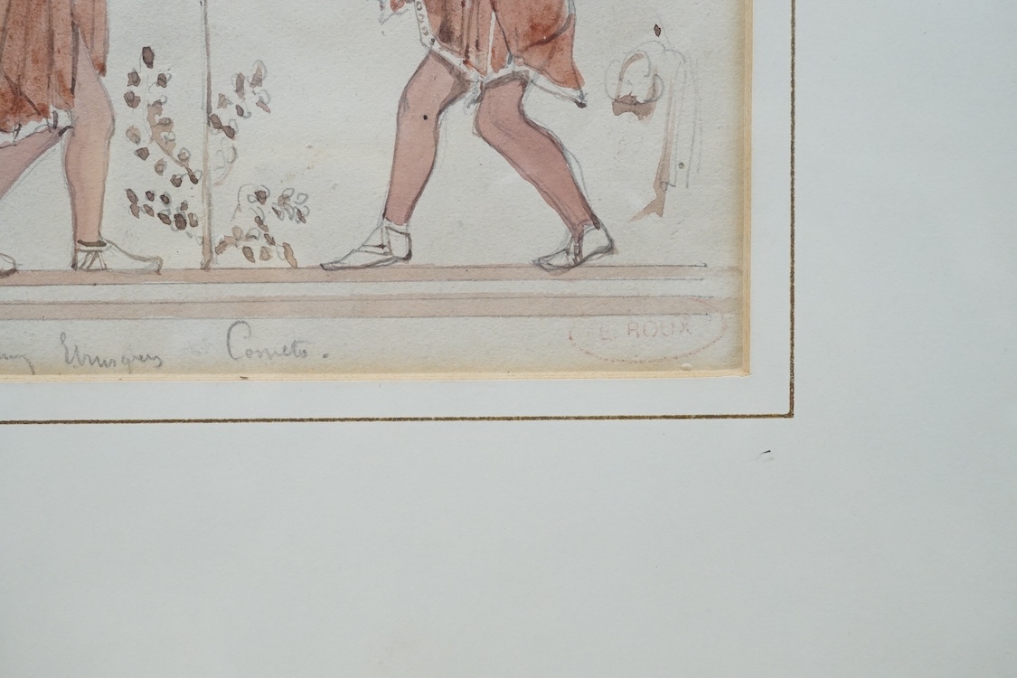 Emile Roux (1822-1915), watercolour, Classical figures playing instruments, inscribed in pencil with artist's studio stamp, Abbott & Holder gallery label verso, 12 x 15cm. Condition - fair to good